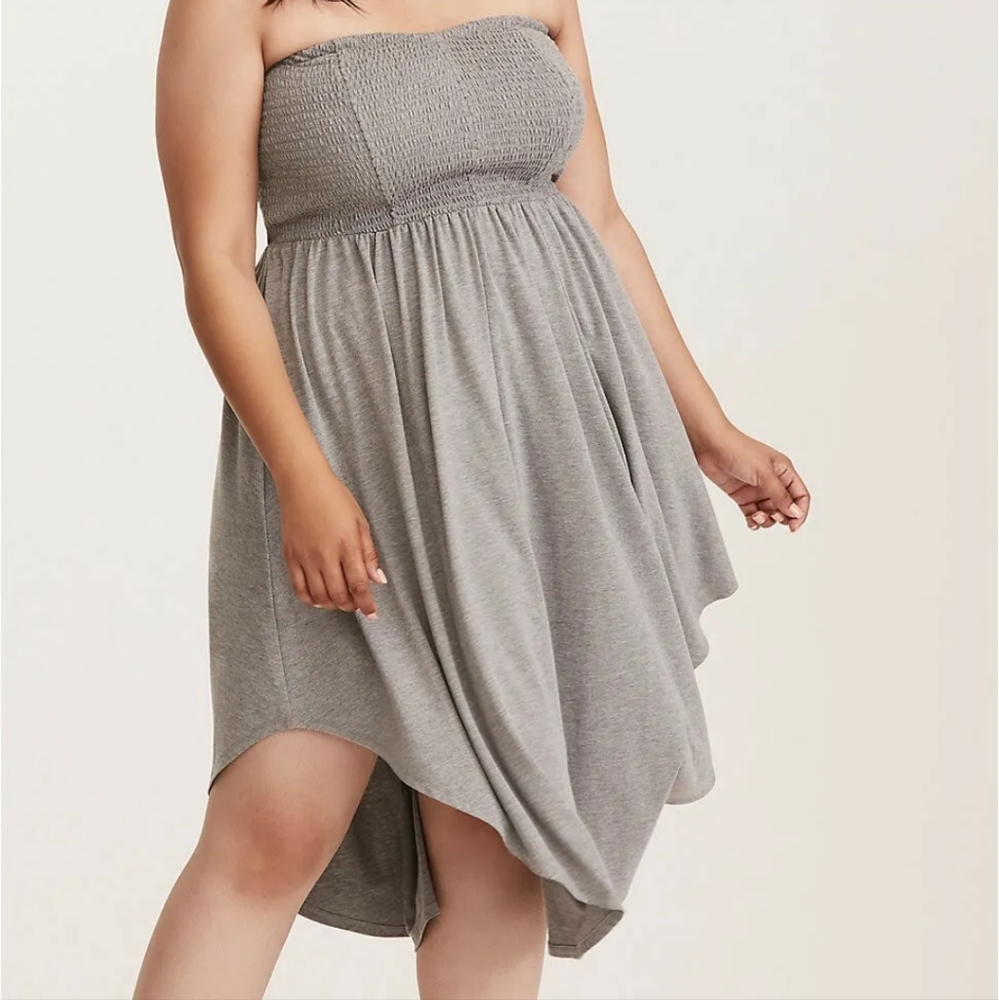 Torrid Grey Smocked Jersey Tube Skater Strapless Assymetrical Hem Dress 3X